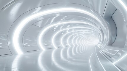 Obraz premium White science fiction tunnel, 3d rendering. Futuristic white tunnel with sleek, minimalistic design and glowing accents, creating a sense of endless depth and technological advancement.