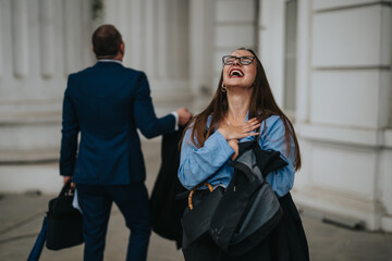 Joyful businesswoman laughing outside an office building, feeling happy and carefree while her colleague walks away, carrying briefcases.