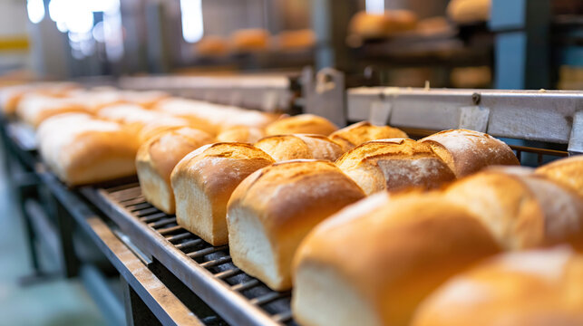 bread on conveyor belt rollers or production line, automated industrial factory manufacture