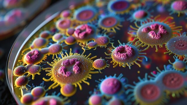 The germs in the petri dish, 3d rendering. Microscopic germs inside a petri dish, vividly rendered with intricate details, showcasing the complexity of microbial life.