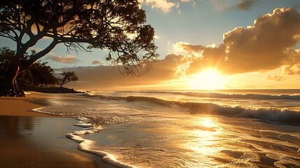 Golden Sunset Over Ocean Waves