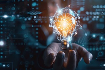 Innovative concept of technology represented by a glowing light bulb and digital network in a person's hand.