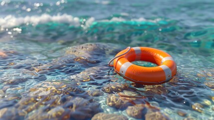 Obraz premium Life buoy floating on the ocean surface, vibrant colors and realistic water texture, 3d rendering.