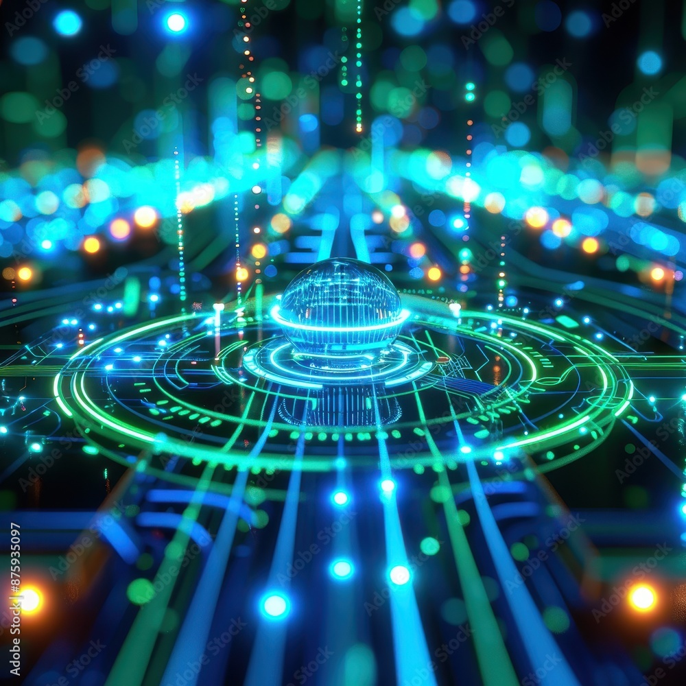 Poster futuristic digital technology interface with glowing lights and circuits, representing data networks