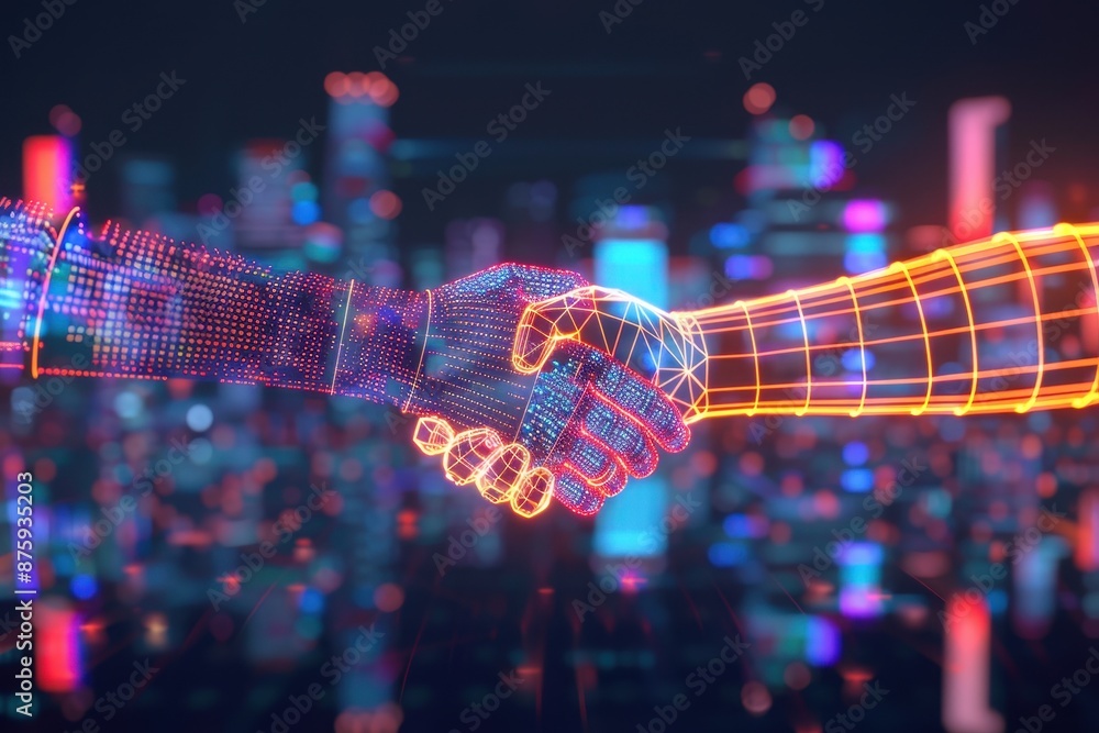 Fototapete Futuristic digital handshake between two virtual hands with neon grid patterns, symbolizing technological collaboration in a cityscape background.