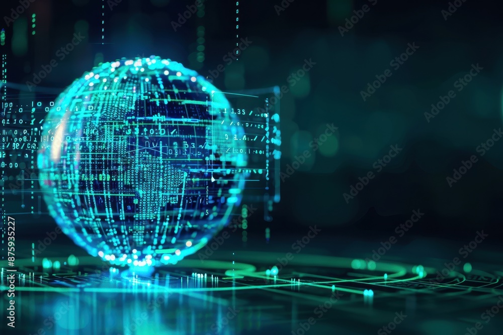 Poster futuristic digital globe with blue lines and data connections on dark background, representing techn