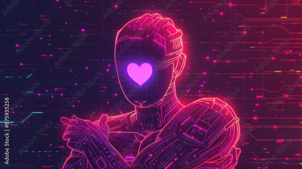 Poster futuristic digital art of a robot or ai with a pink heart on its face, surrounded by neon circuitry 
