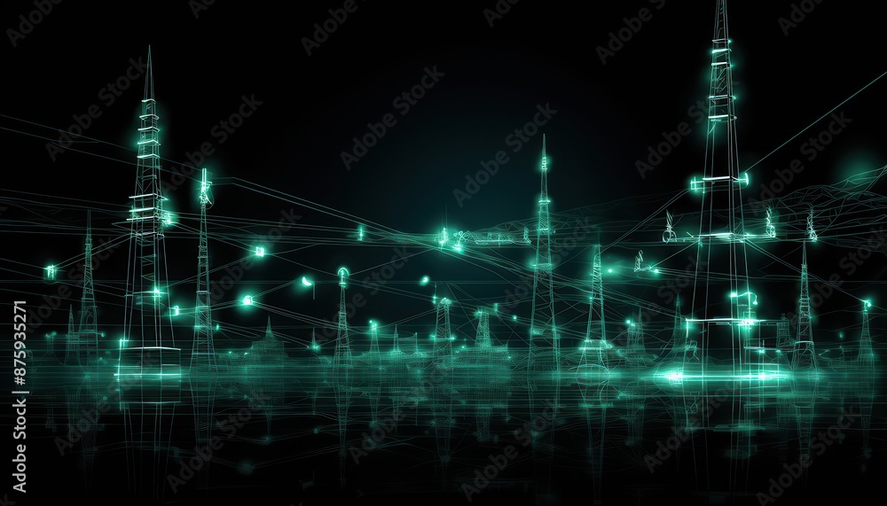 Poster futuristic digital cityscape with glowing green lights and transparent skyscrapers, representing adv