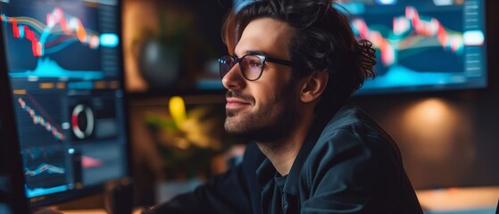 A man in glasses looking at two computer screens with stock charts.