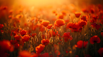 A field of red poppies with the sun shining on them