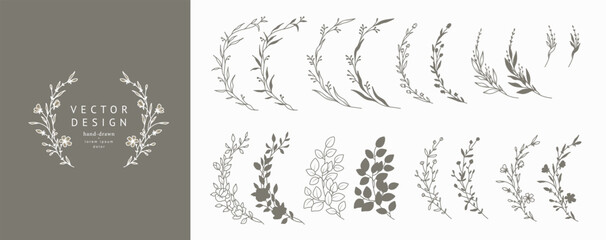 Floral round frames set. Hand drawn botanical floral elements in line and silhouette style. Flowers, branches and leaves. Vector for label, logo, corporate identity, wedding invitation, wreath, border