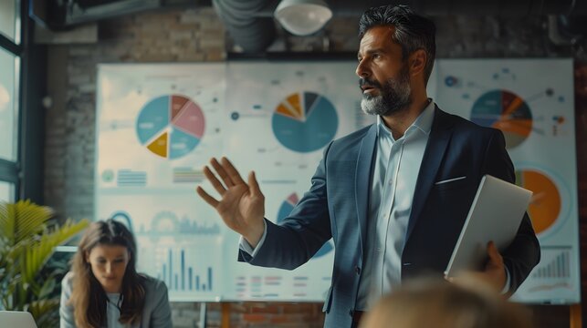 A business man is giving a presentation to a group of diverse people in a conference room, work meeting - Powered by Adobe