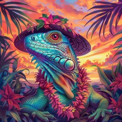 Fototapeta premium Colorful lizard wearing a floral hat and lei, surrounded by tropical plants with a vibrant sunset background.
