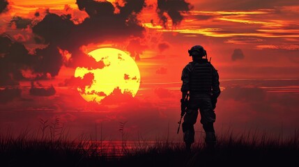 Fototapeta premium Silhouette of Soldier on the United States flag