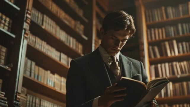 Student guy in suit read book between rows in college, university or school. Educational library background. Old textbooks on bookshelves. Concept of knowledge, education learning. Dark academia style