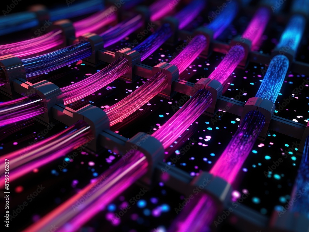 Aufkleber colorful fiber optic cables crossing in a grid pattern, with glowing points, representing high-speed