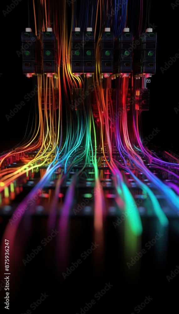 Poster Colorful illuminated network cables in a dark setting, representing digital connections and data transfer in technology and IT infrastructure.