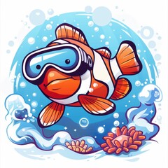 Obraz premium Colorful cartoon clownfish swimming underwater with goggles, surrounded by bubbles and coral.