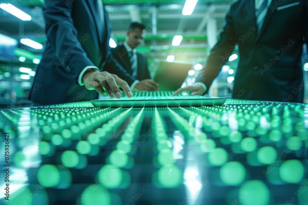 Poster businessmen working on a large led screen, focusing on data analysis and technology in a modern offi