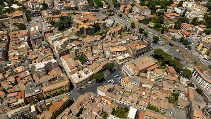 Aerial view of the Basilica of St. Francis. It is a parish church and minor basilica in Viterbo, Lazio, central Italy. The church is located within the city walls in the historic center of the city.