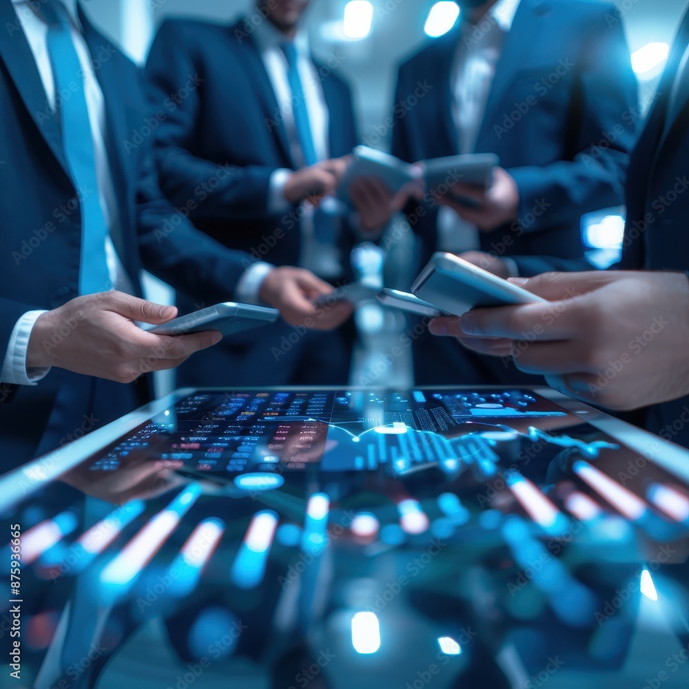 Leinwandbilder Business professionals analyzing data on digital devices in a modern office setting with focus on a glowing digital screen displaying charts.
