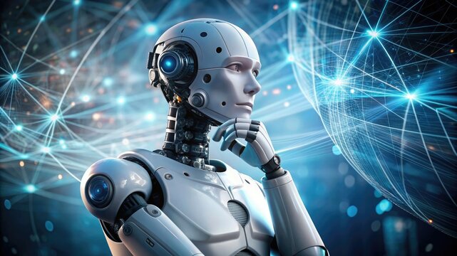 Artificial intelligence, robot thinking about world, looking at the city. Futuristic concept.