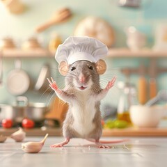 Adorable mouse dressed as a chef in a kitchen, surrounded by cooking utensils and ingredients. Perfect concept for culinary themes.