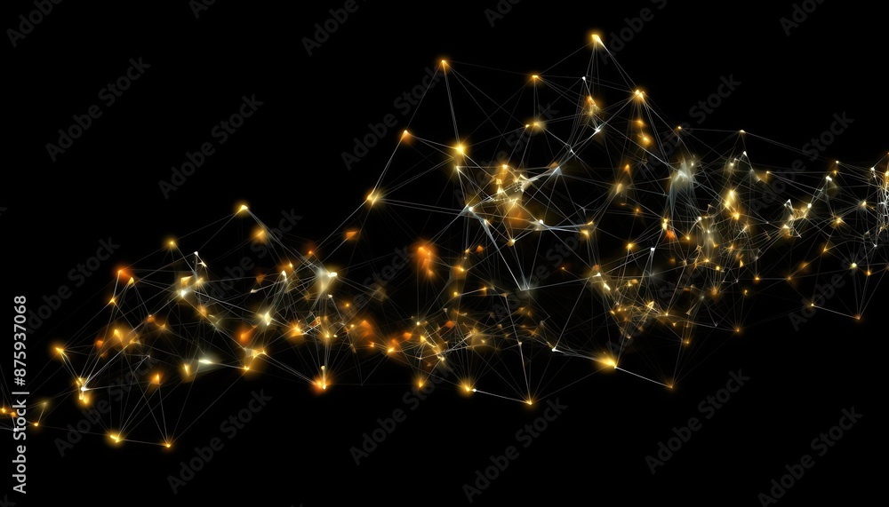 Poster Abstract glowing network of golden lights on a black background, representing futuristic technology and connectivity concepts.
