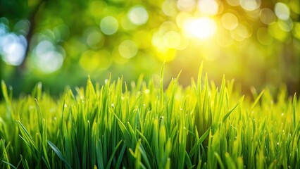 Fototapeta premium photograph of close up of green grass with blurred garden background telephoto lens ambient lighting