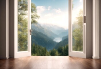 Fototapeta premium forest indoor arc view hard scene serene created door white mountains background wood podium technology floor template panoramic mountain panorama landscape nature natural tree plant