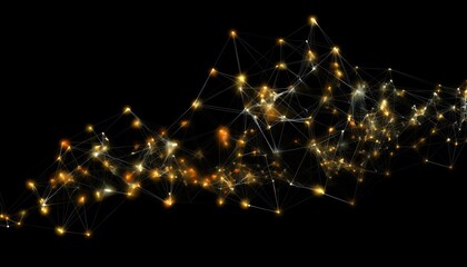 Abstract glowing network of golden lights on a black background, representing futuristic technology and connectivity concepts.