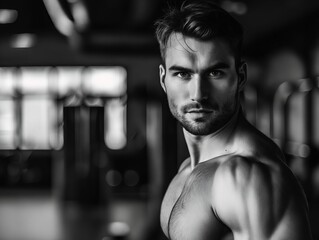 A man in black and white with his shirt off.