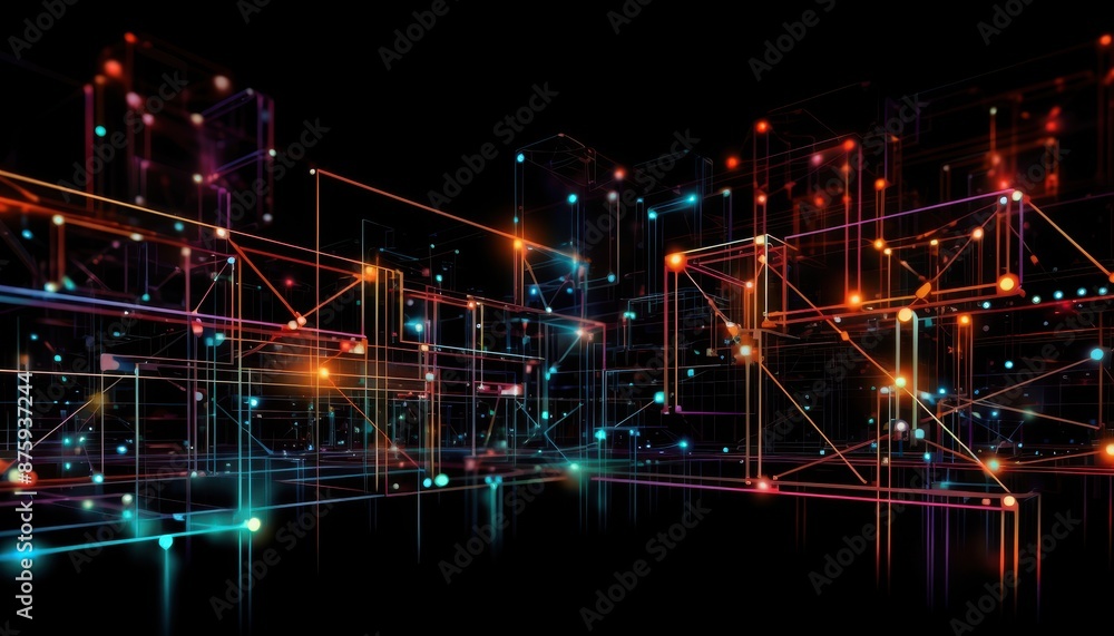 Fototapete abstract digital network with glowing lines and nodes on a dark background, representing technology,