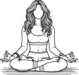 A vector line art illustration of a woman sitting on the floor in a meditation pose 