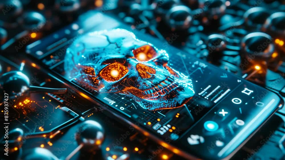 Poster cybersecurity threat smartphone warning with skull and crossbones symbolizing data privacy risks in 