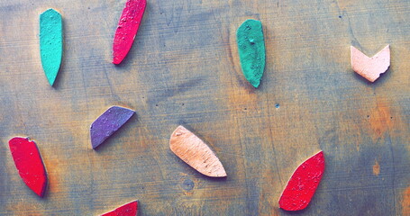 Colorful Crayon Pieces Wooden Background Top View