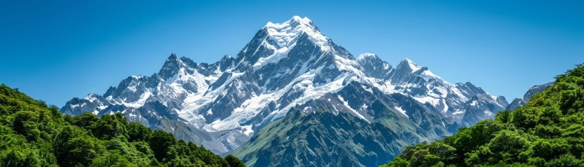 Obraz premium Majestic Mountain Peak with Snow and Forest.