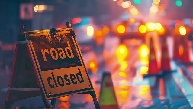 closed road block street sign city highway busy traffic middle roadblock construction work site roadwork problem obstacle accident area