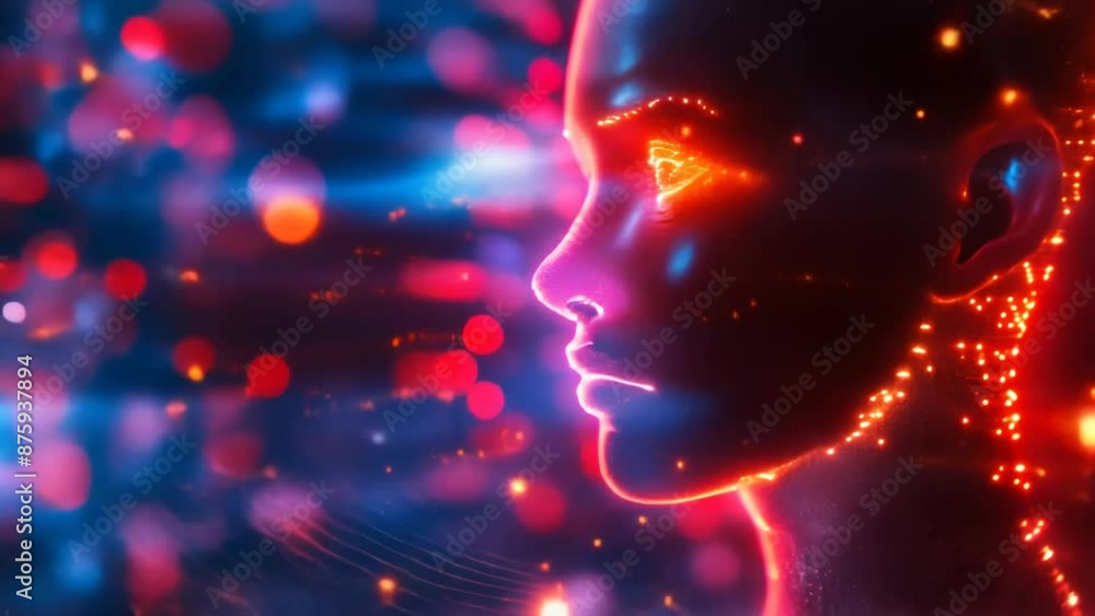 Poster illuminated digital human profile with glowing particles, symbolizing artificial intelligence, netwo