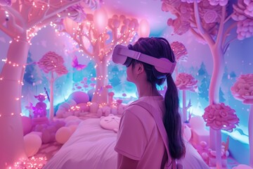 A young woman wearing a VR headset among the fantasy scene in her bedroom