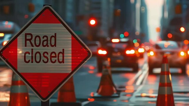 closed road block street sign city highway busy traffic middle roadblock construction work site roadwork problem obstacle accident area