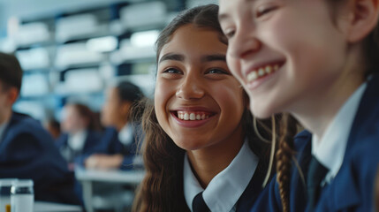 Obraz premium Two interracial female students smile in class. Girls in school uniforms communicate in class. Back to school.