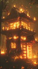 Obraz premium Burning Japanese Temple in the Woods