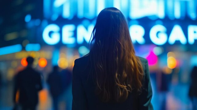 Professional Woman Walking Towards Glowing Gender Gap Sign in Modern Office at Night Symbolizing Workplace Equality Challenges