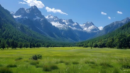 Beautiful mountain valley with green meadow and snow capped mountain peaks in the distance