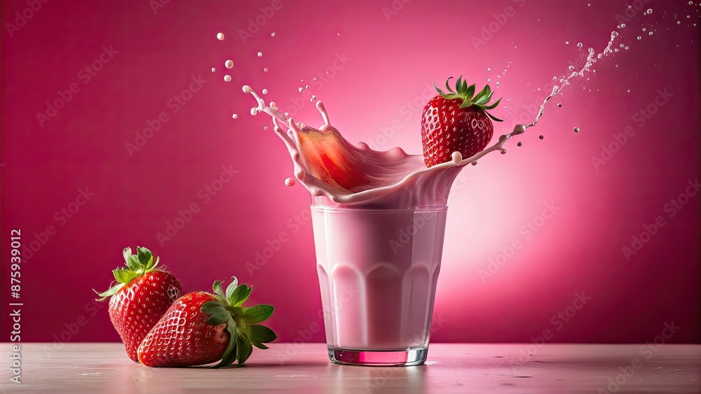 Poster Ripe red strawberry splashing into a glass of pink milkshake, creating a visually captivating effect, Strawberry, pink