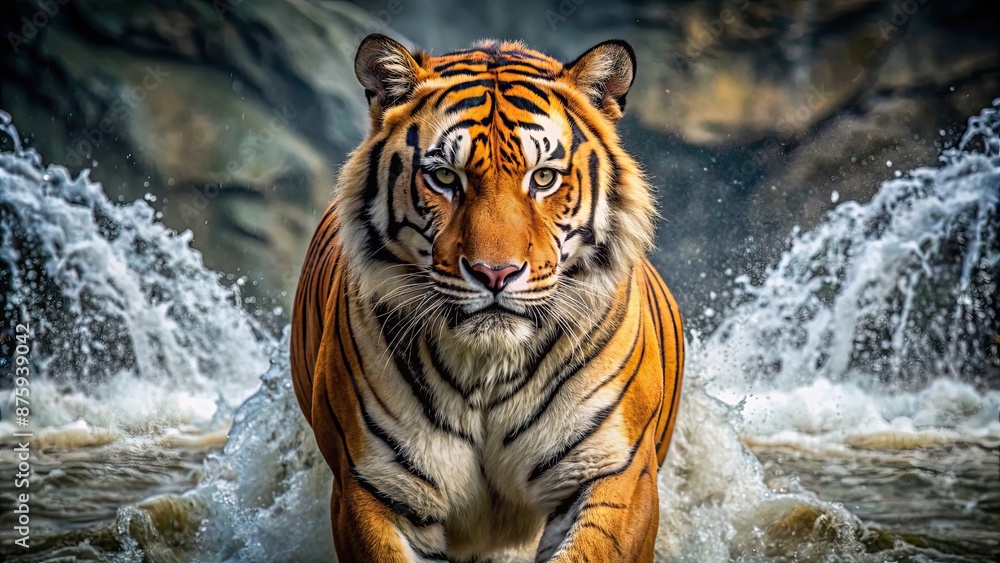 Wall mural Powerful tiger with rippling muscles, tiger, strong, muscle, wild, animal, predator, fierce, strength, powerful, wildlife