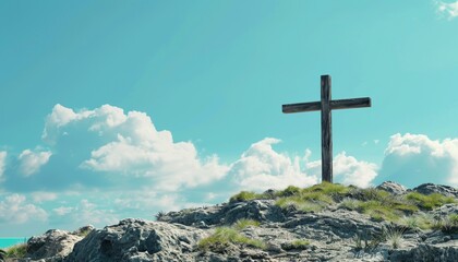 Lone Wooden Cross on Rocky Hill Under Clear Blue Sky, Easter and Resurrection, Copy Space