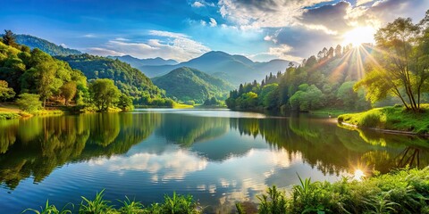 Serene lakeside with sunlit hills and lush vegetation , tranquil, peaceful, scenic, nature, tranquil, serene, lake, water