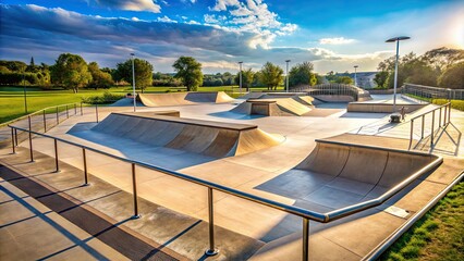 Fototapeta premium Outdoor skate park with ramps, rails, and halfpipes , youth, skateboarding, extreme sports, leisure, recreation